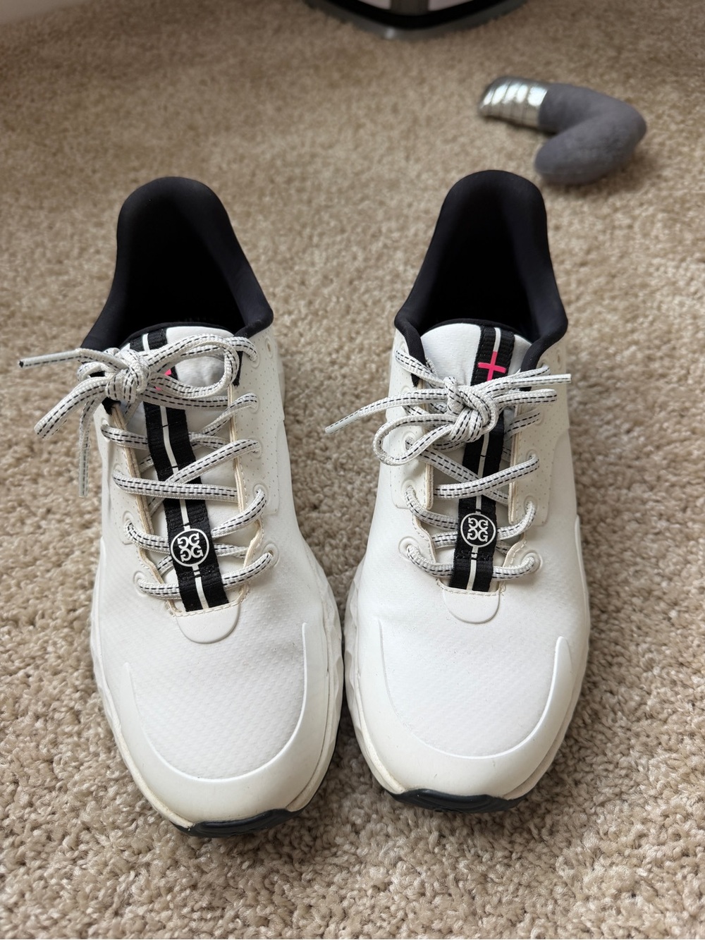 G/FORE White Sneakers with Black Stripe and Pink Accent